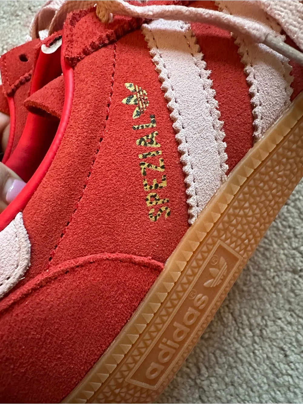 adidas men’s Red Suede Retro Spezial with Pink Stripes and Gum Sole unisex